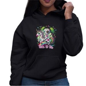 Black Fleece Pullover Hoodie ‘RIDE OR DIE’ Rainbow Unicorn & Voodoo Doll